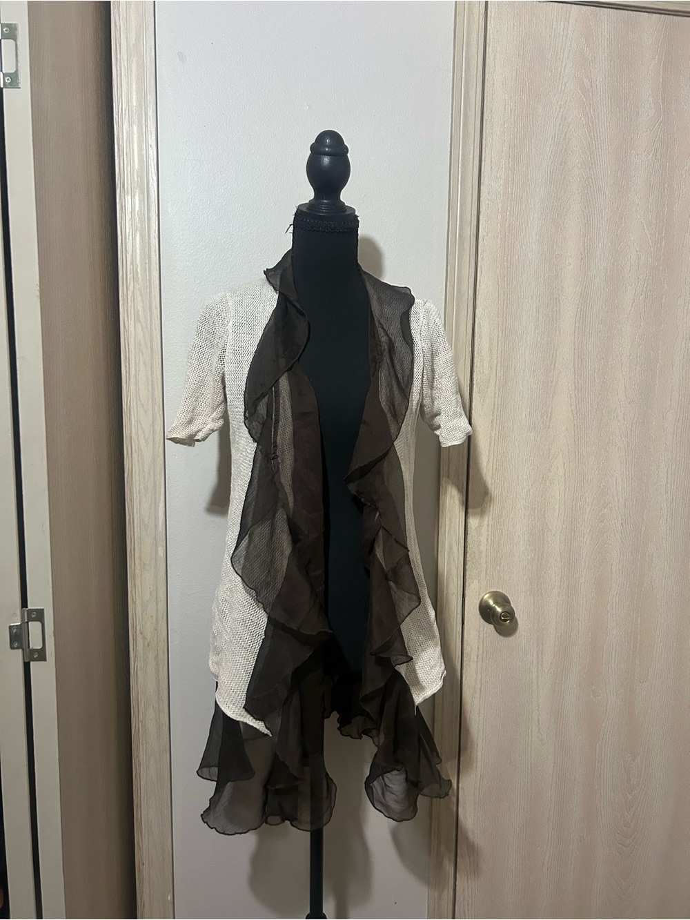 Chico's Cream Knit Cardigan with Brown Ruffle Chiffon Trim